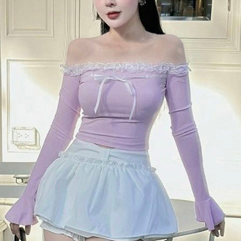 【Chéri】2カラー展開 韓国デザイン 韓国カジュアル オフショルダー リボントップス mry001103