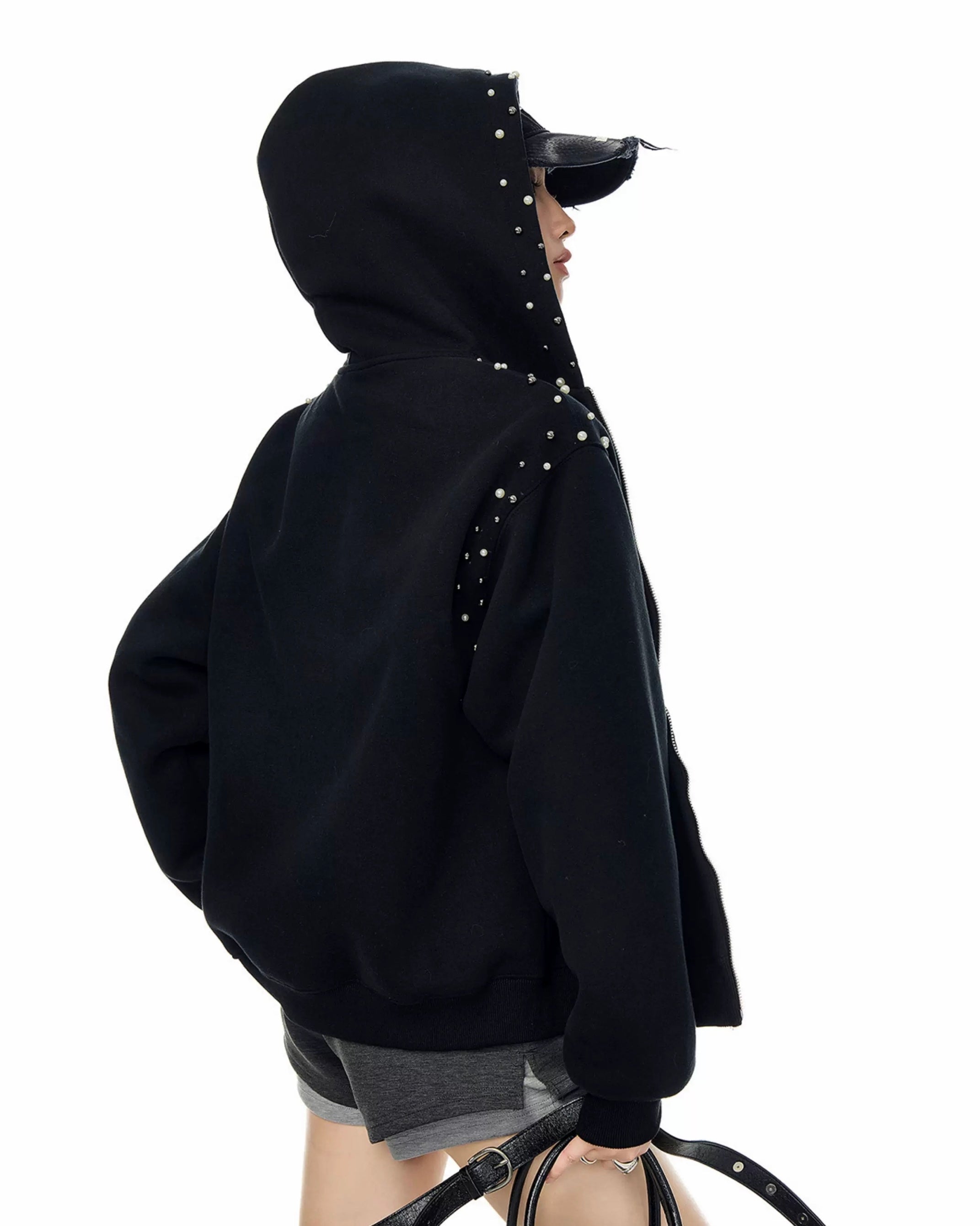 【Tops】Pearl Studded Oversized Zip Hoodie mry001895