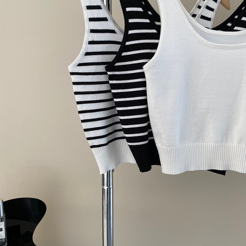 【送料無料】ストライプ 3カラー展開 ノースリーブ ショート丈 ニット シャツ mry000635