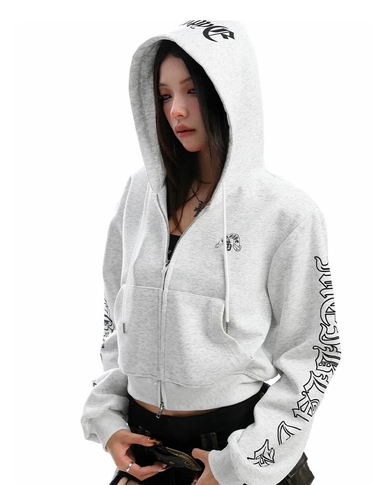 【Tops】Gothic Logo Cropped Zip Hoodie mry001888