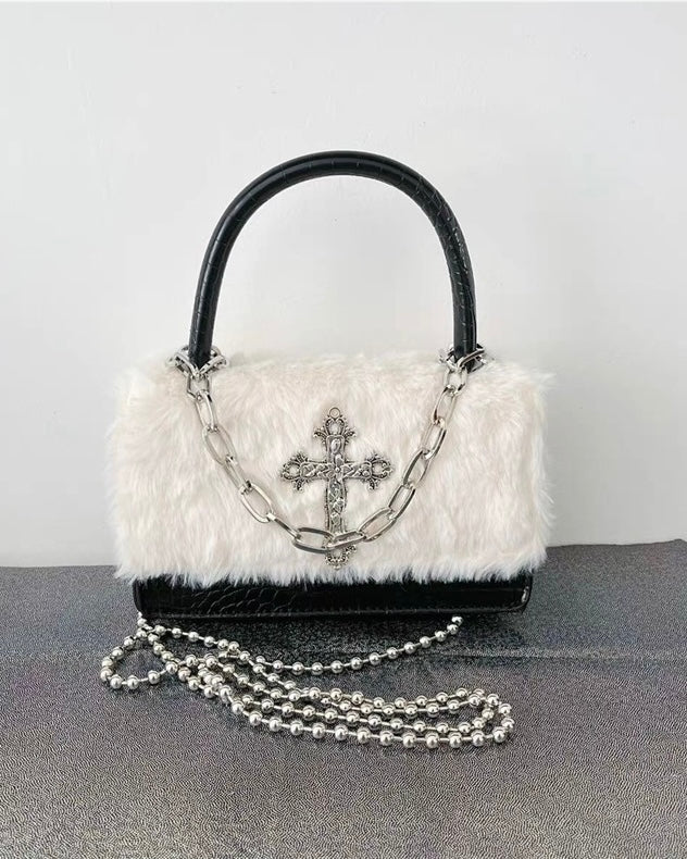 Faux Fur Cross Accent Handbag mry001854