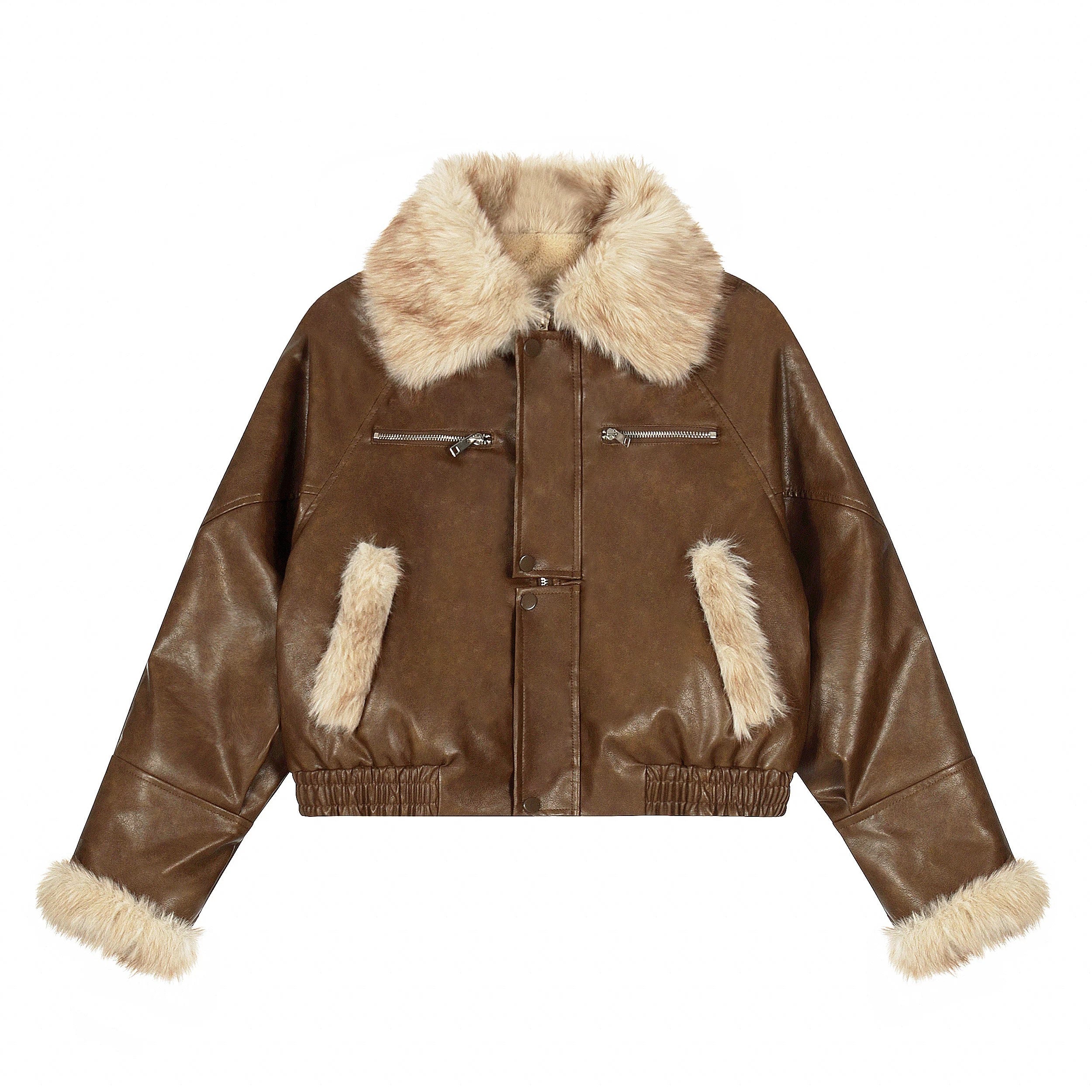 Faux Leather Fur-Trim Short Jacket mry002011