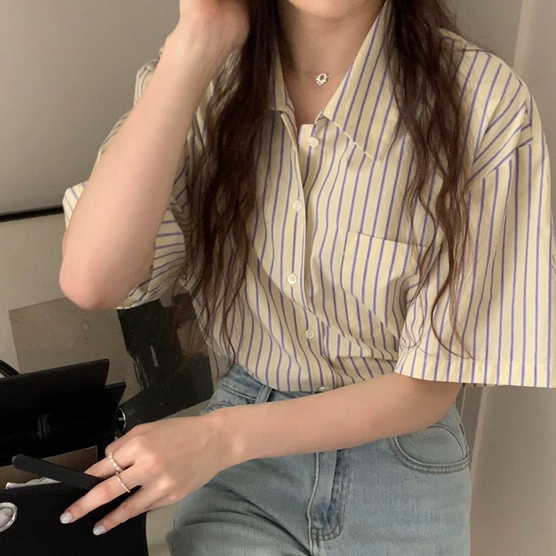 ラペル半袖 ストライプシャツ mry000062