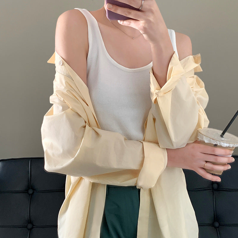 【送料無料】ストライプ 3カラー展開 ノースリーブ ショート丈 ニット シャツ mry000635