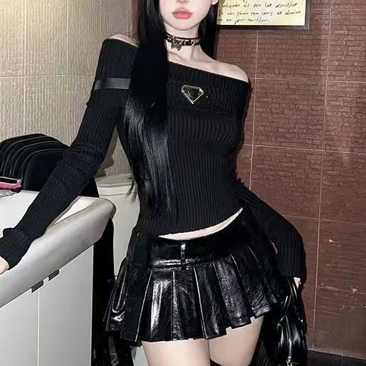 3カラー展開 韓国ストリート 韓国カジュアル オフショルダー リブニットトップス mry001139