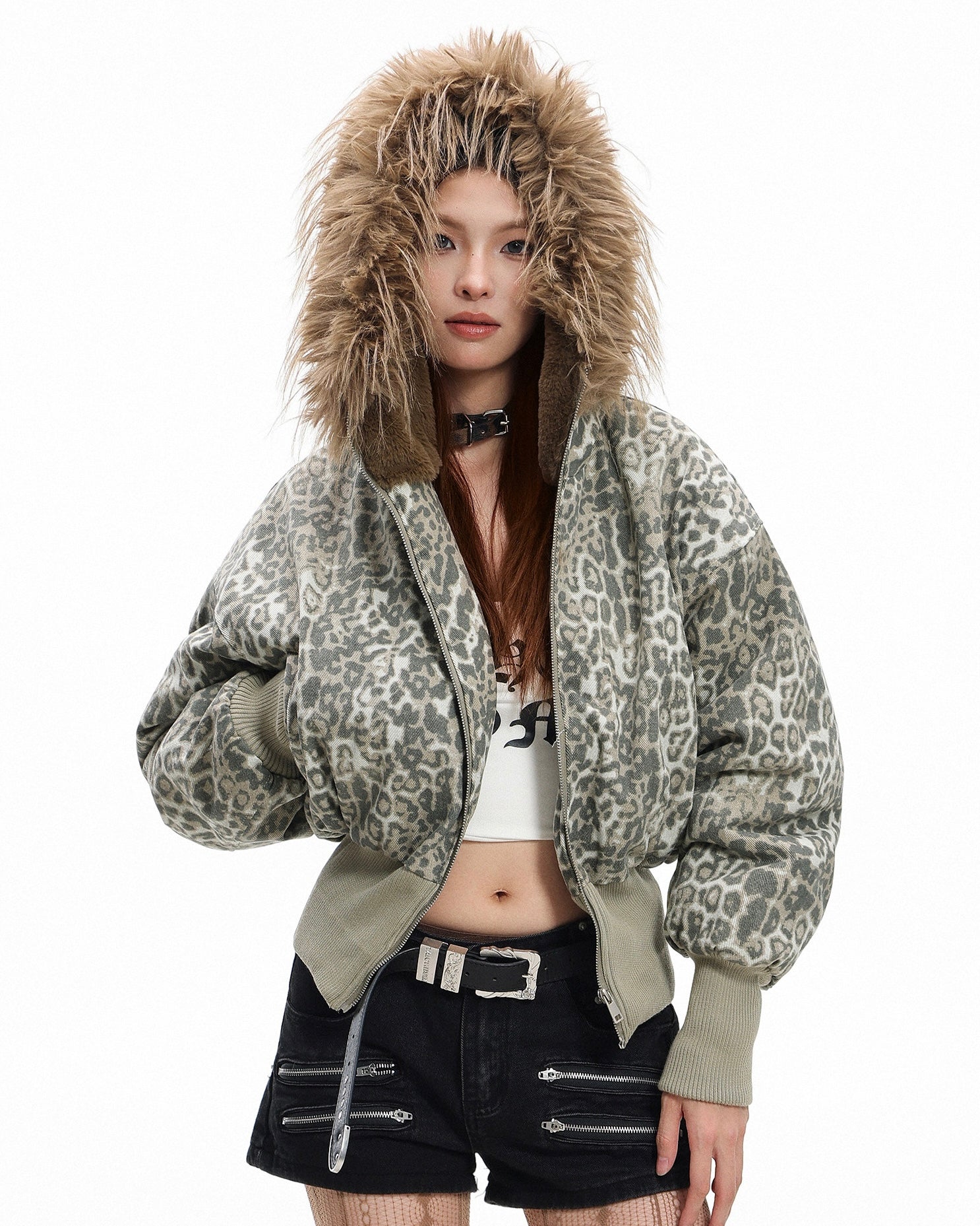 Cropped Leopard Bomber Jacket mry002114