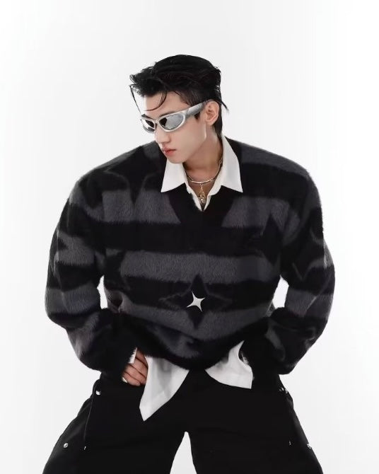 【2color】Star Pattern Striped Mohair Knit Sweater mry001827
