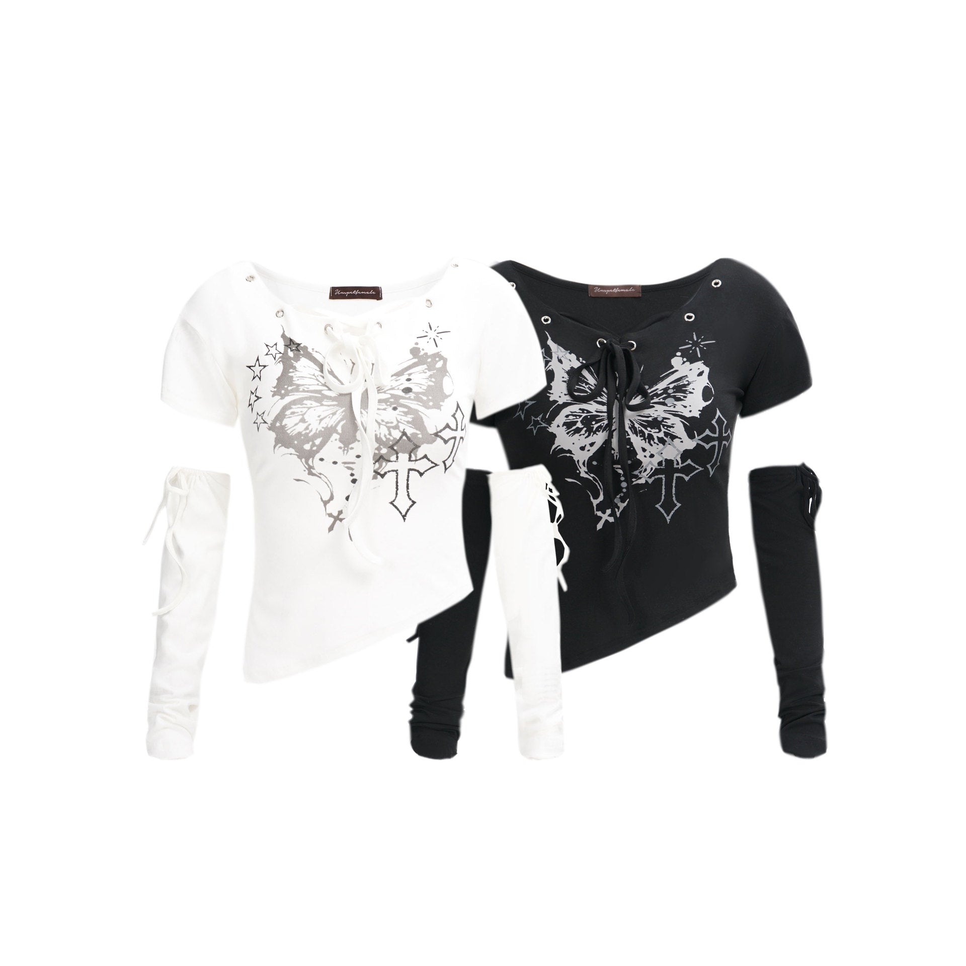 【注目度No.1 /2color】Butterfly Cross Lace-Up Graphic Tee mry001712