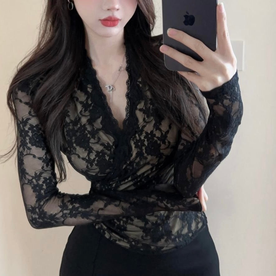 アメリカン 韓国デザイン 韓国カジュアル レース素材 ブラックブラウス mry001136