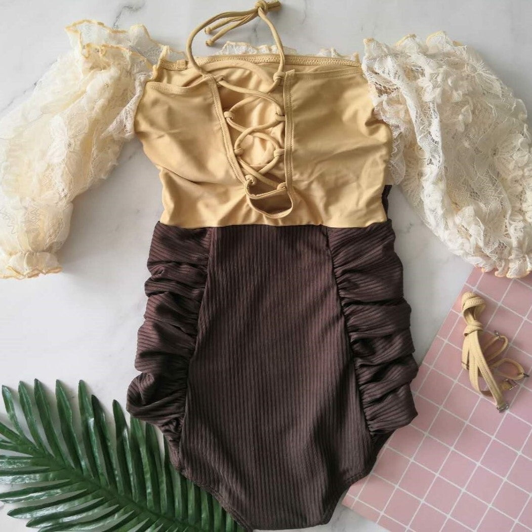 【送料無料】レトロガーリー オフショルダー ワンピース スイムウェア mry000624