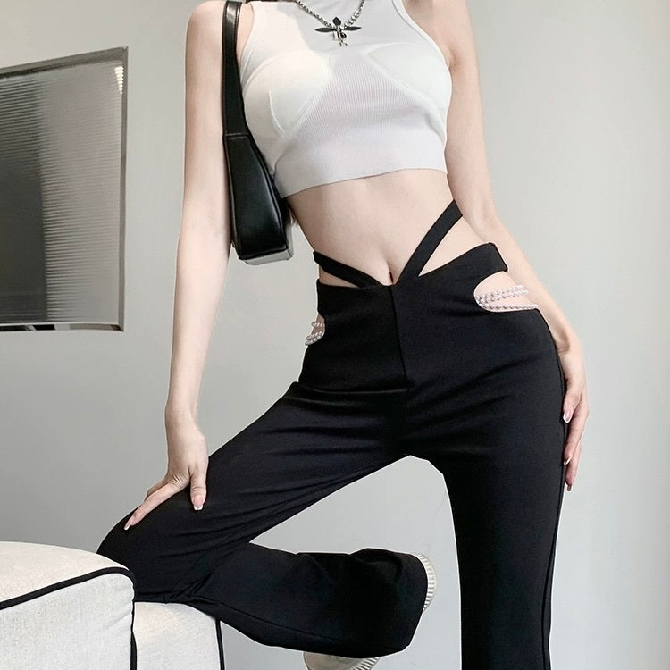 【Carina】 パールチェーン カジュアル デザインパンツ 韓国カジュアル 韓国ストリート mry000704