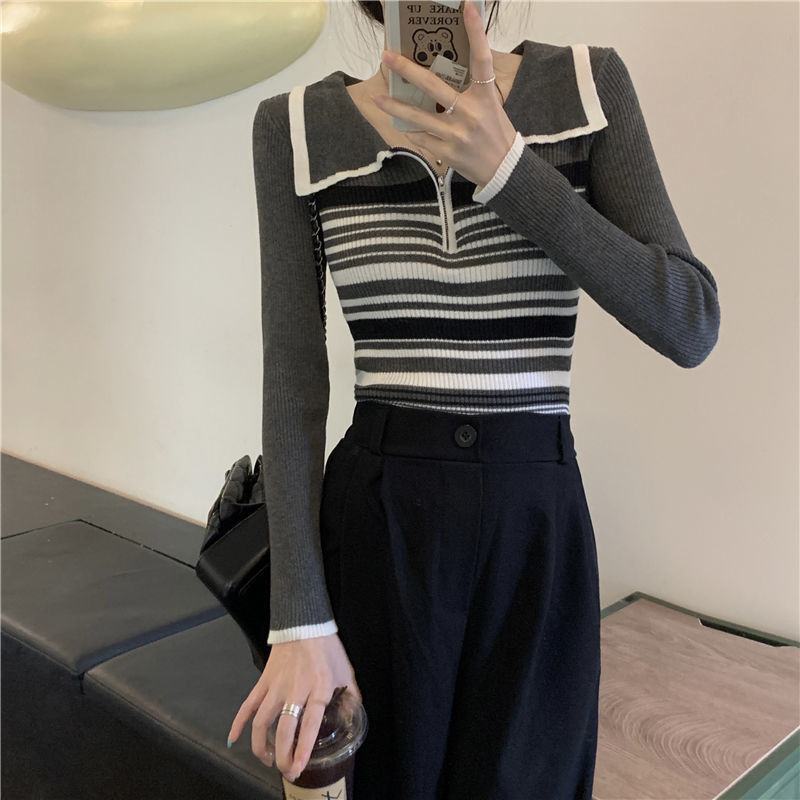 【送料無料】ストライプニットセーター 2カラー 長袖デザイントップス 韓国カジュアル mry000590