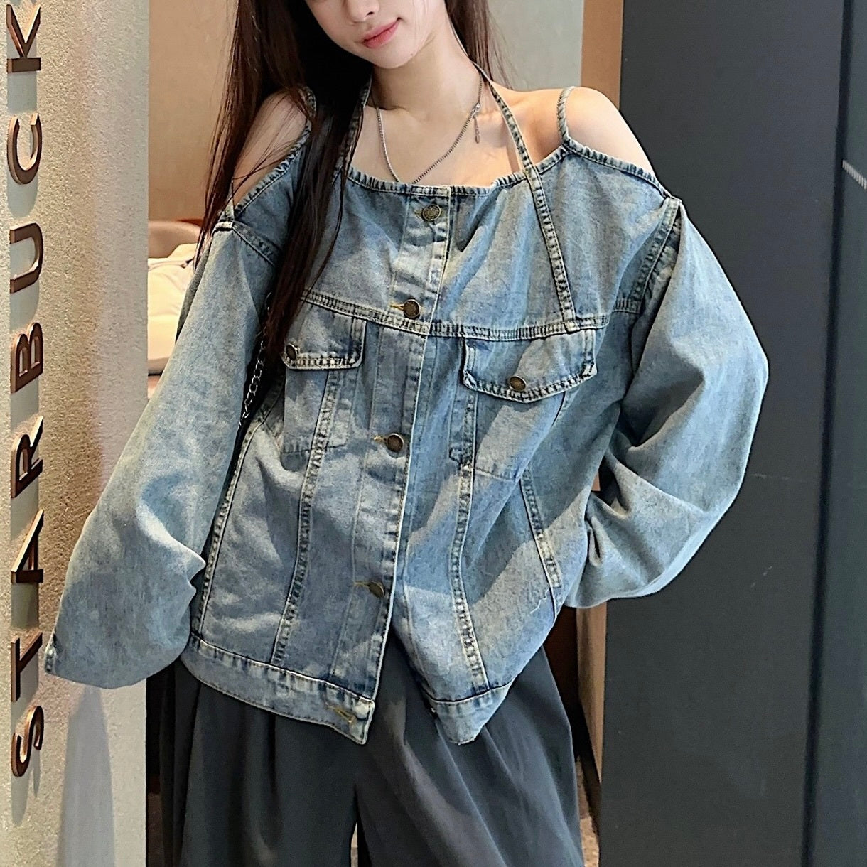 アメリカン 韓国カジュアル 韓国ストリート オフショルダー デニムジャッケット mry001141