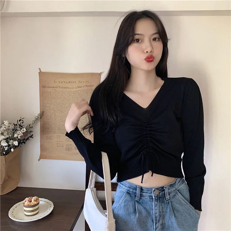 フロント縛り ランタン袖 クロップド丈 Tシャツ mry000213