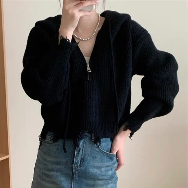 4カラー展開 韓国カジュアル 韓国デザイン ダメージ加工 ジップアップパーカー mry001088