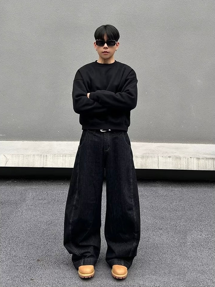 【COVER:FIT】Black Wide-Leg Minimalist Denim Pants mry001632