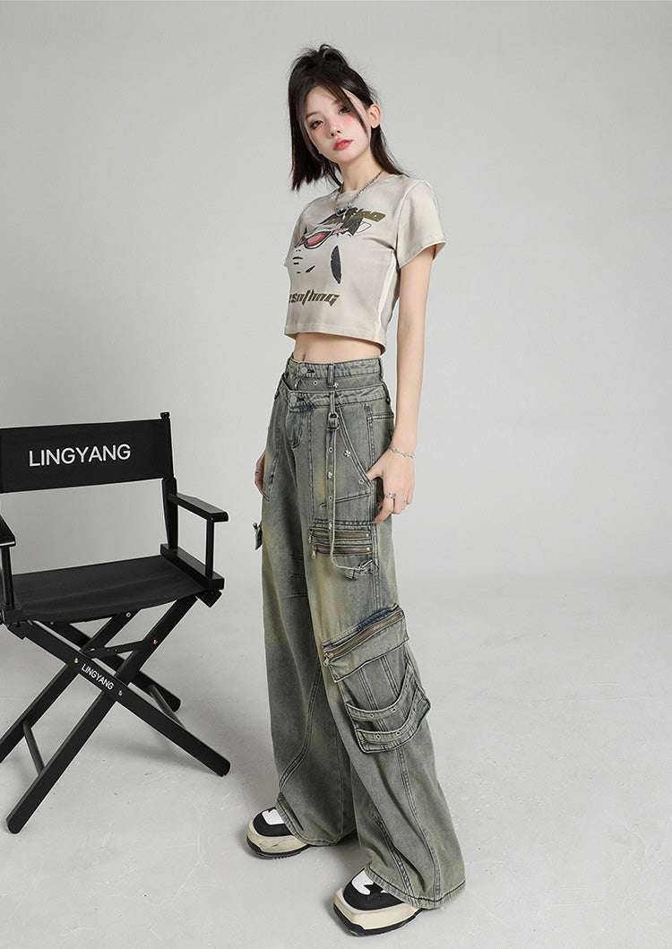 Y2K Multi-Zip Wide Cargo Denim Pants mry001672