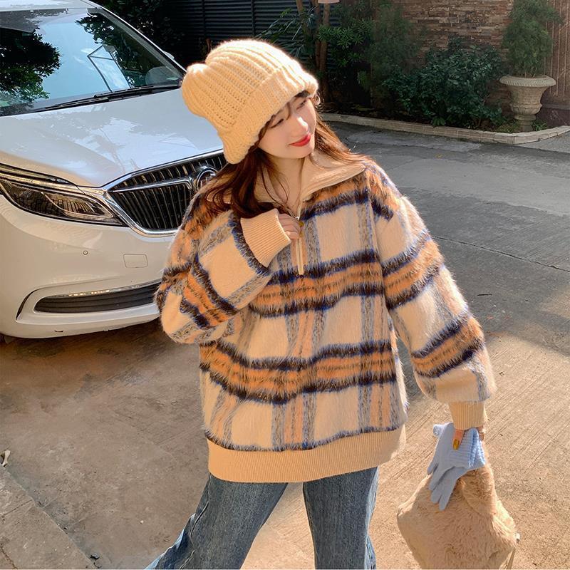 格子柄デザイン ハーフジッパー mry000495