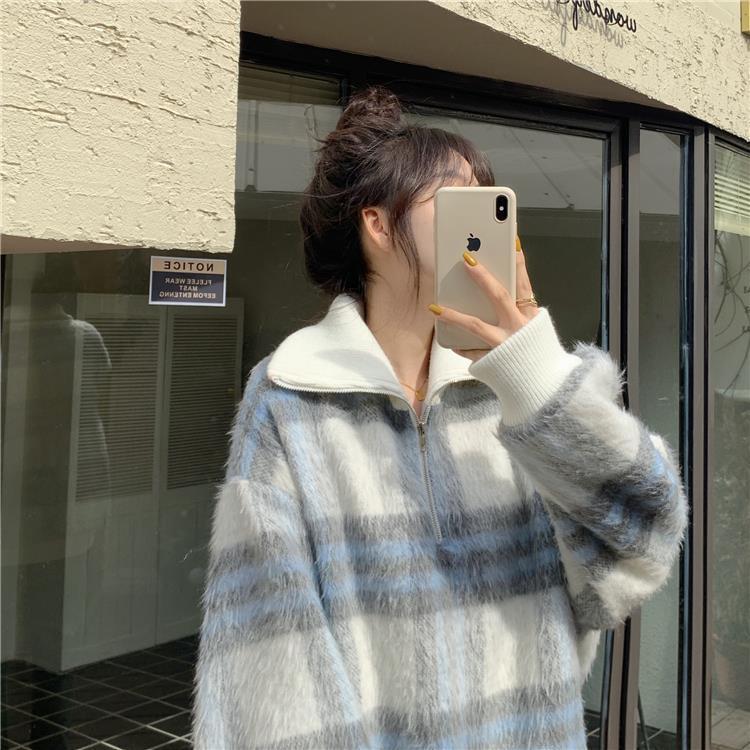 格子柄デザイン ハーフジッパー mry000495