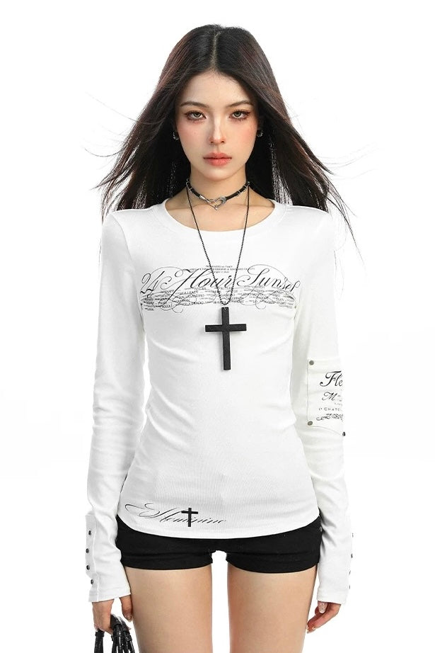 Script Fitted Long Sleeve Top mry002306