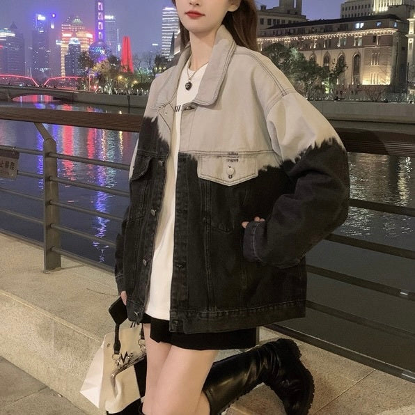 韓国ストリート 韓国デザイン デニム生地 バイカラー ジャケット mry001201