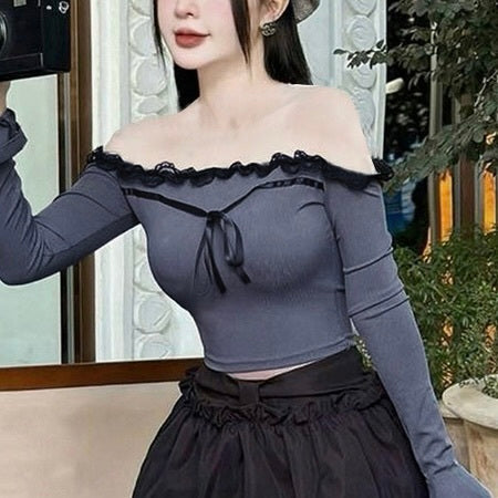 2カラー展開 韓国デザイン 韓国カジュアル オフショルダー リボントップス mry001103