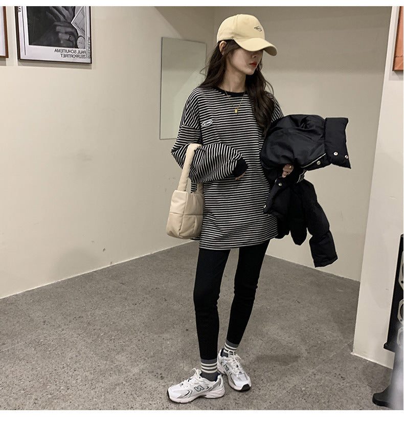 【送料無料】ワンポイント ビッグシルエット ストライプ Tシャツ 韓国カジュアル 韓国ストリートmry000610