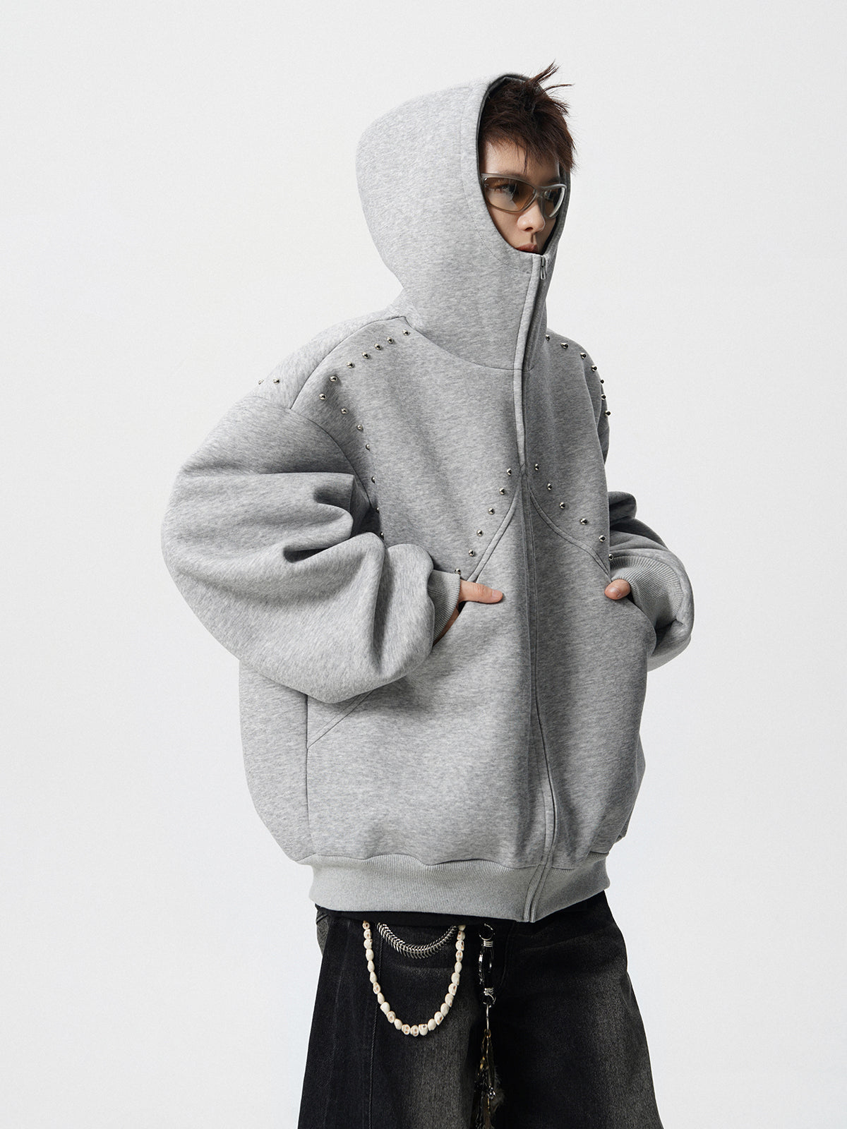 【評価★4.8以上/3color】Studded Oversized Zip Hoodie mry001897