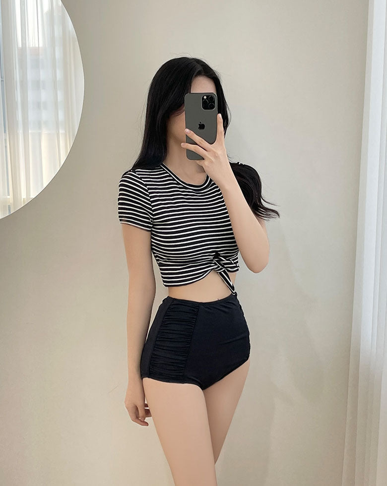 【送料無料】2023SS NEW ストライプ 半袖ビキニ 気になるお腹を隠せる ハイウエスト 水着 mry000694