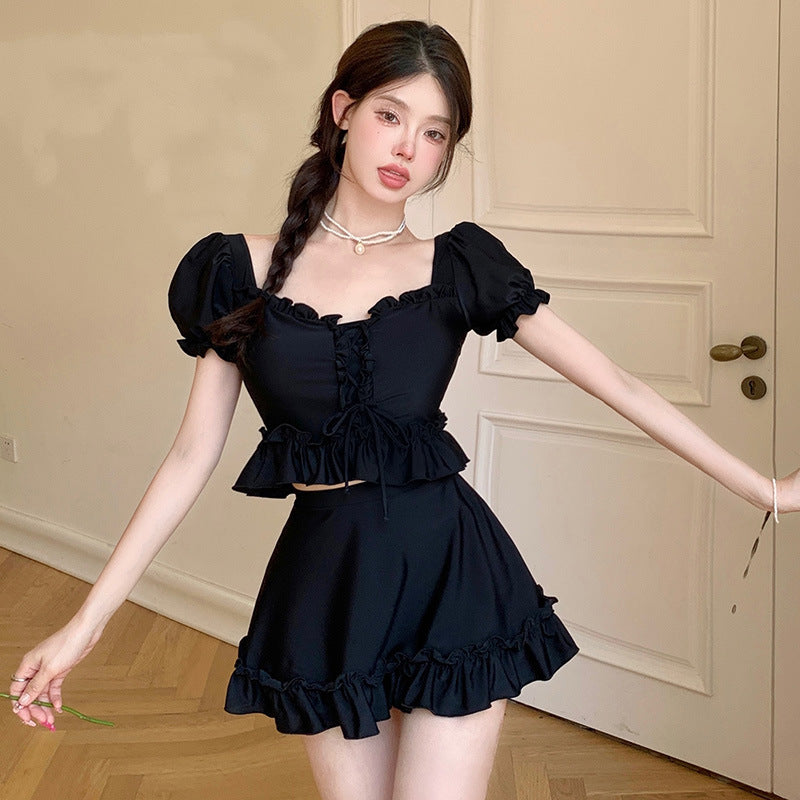 【送料無料】パフスリーブ フリル ハイウエスト スカート セットアップ 水着 韓国ガーリー mry000763