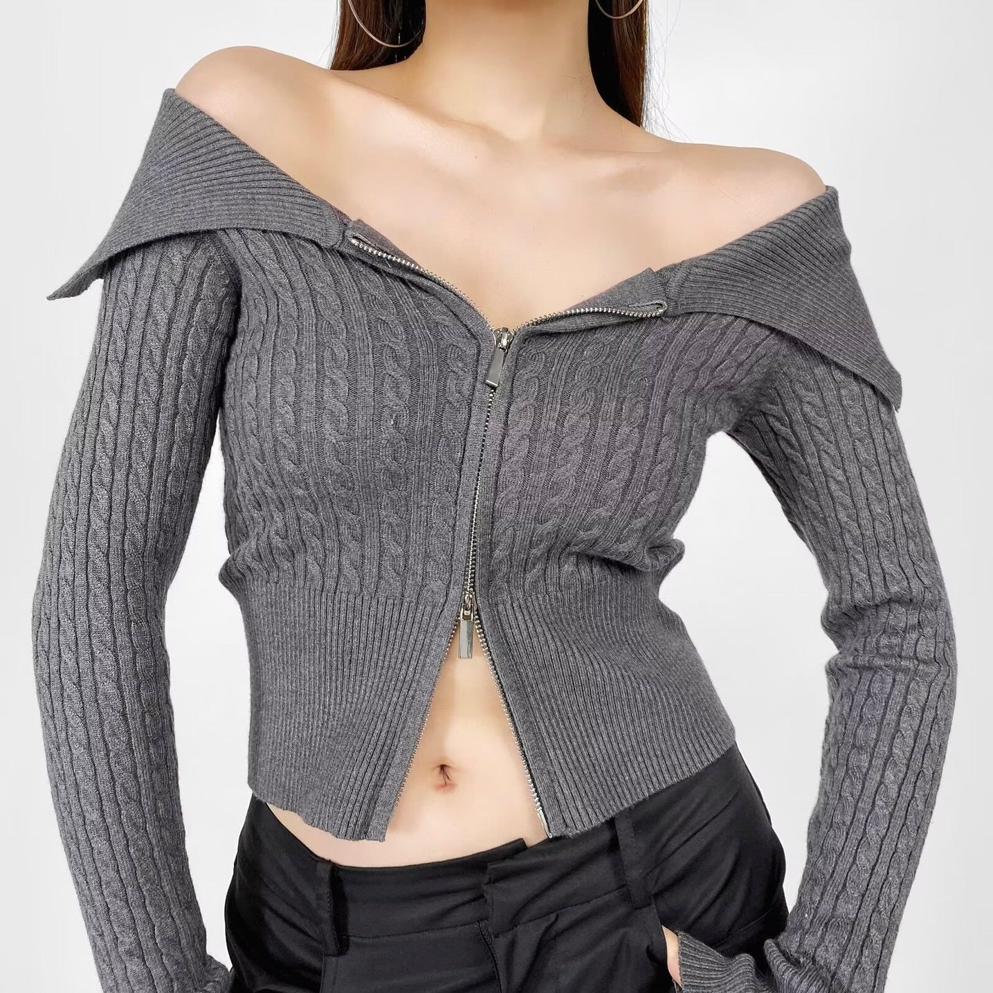 4カラー展開 韓国デザイン 韓国カジュアル オフショルダー リブ編みニット カーディガン mry001118