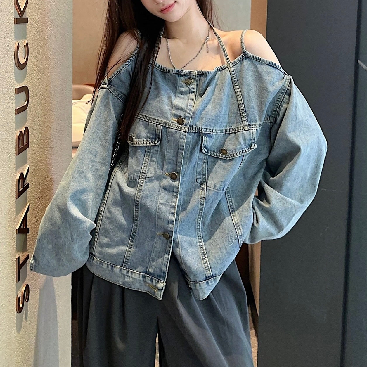 アメリカン 韓国カジュアル 韓国ストリート オフショルダー デニムジャッケット mry001141