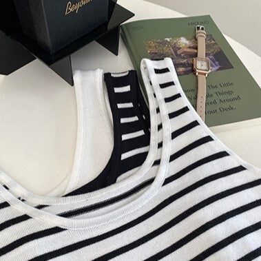 【送料無料】ストライプ 3カラー展開 ノースリーブ ショート丈 ニット シャツ mry000635