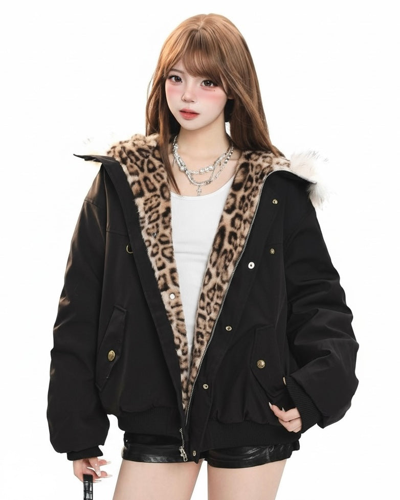 Leopard Lined Fur Hood Jacket mry002015