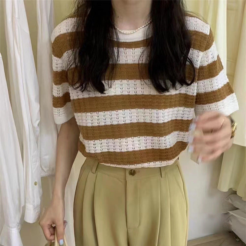 2023SS ストライプ 半袖セーター シック トップス 韓国カジュアル 韓国ガーリー mry000826