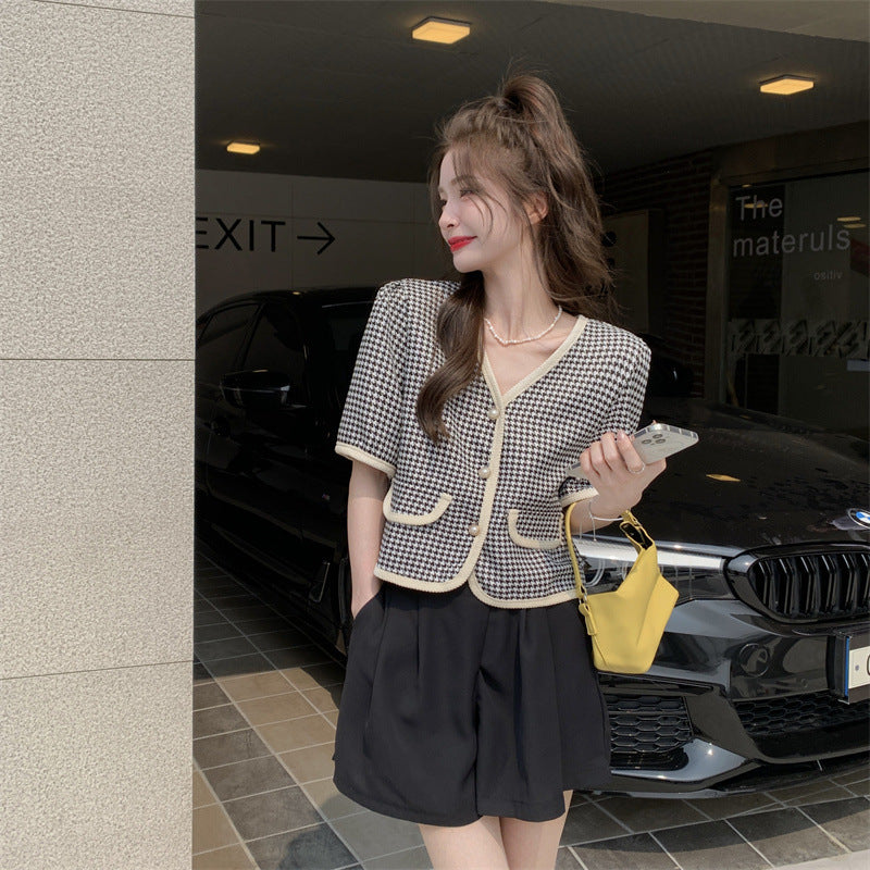 【送料無料】クロップド丈 フレンチスタイル Vネック 千鳥格子 韓国ガーリー 韓国カジュアル mry000536