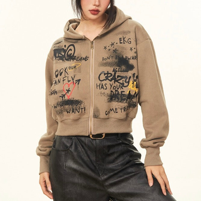 2カラー展開 アメリカン 韓国ストリート 韓国カジュアル レトロ 落書き ジップアップトップス パーカー mry001414