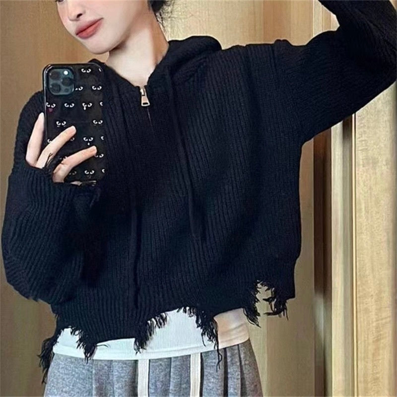 4カラー展開 韓国カジュアル 韓国デザイン ダメージ加工 ジップアップパーカー mry001088