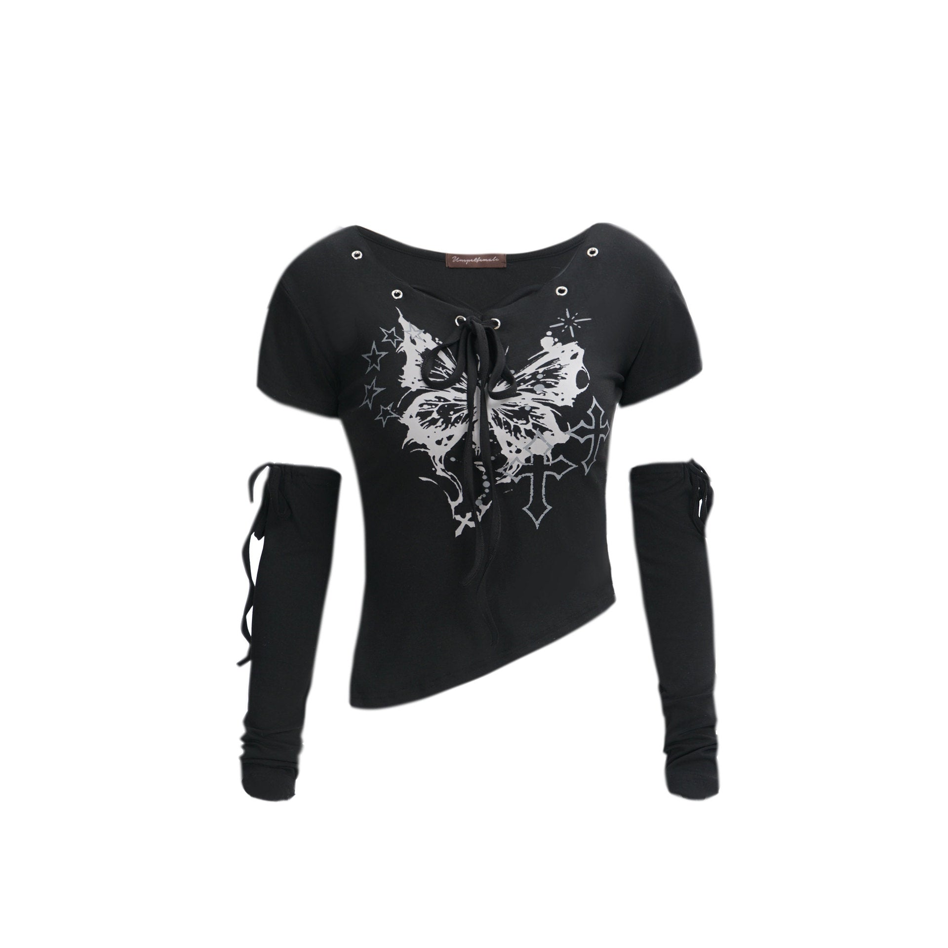 【注目度No.1 /2color】Butterfly Cross Lace-Up Graphic Tee mry001712