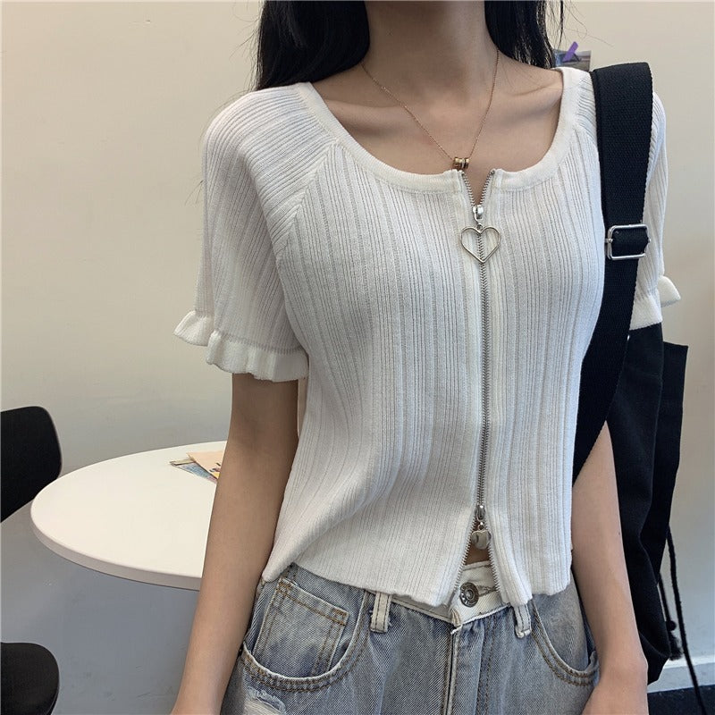 5カラー展開 2023大人気 半袖 センタージッパー トップス ショート丈 韓国ストリート 韓国カジュアル mry000659