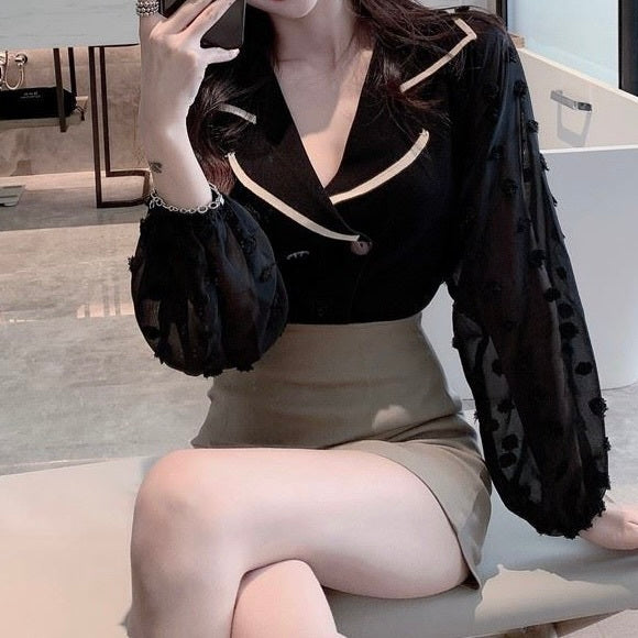 AW ポロ襟 パフスリーブ シフォンステッチシャツ mry000056