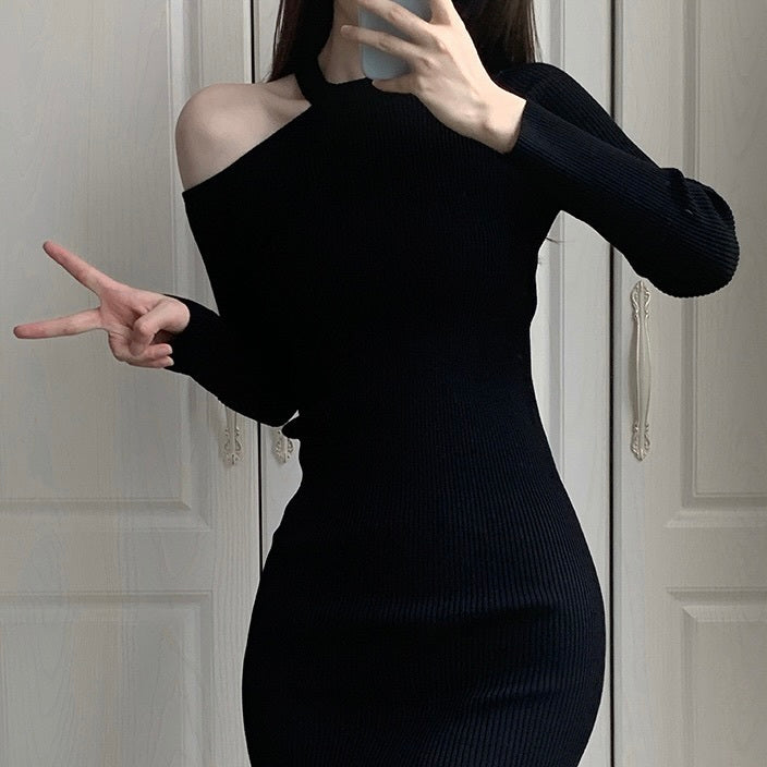 【Taéf】韓国デザイン 韓国カジュアル シンプル ワンショルダーニットワンピース mry001157