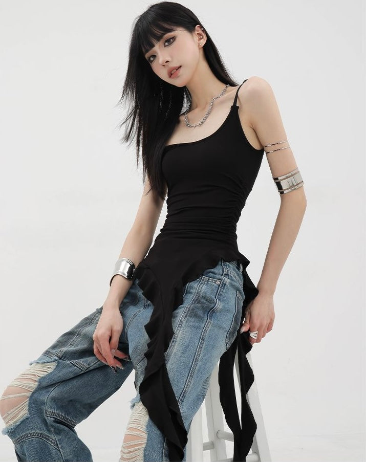 Asym Ruffle Drape Camisole Top mry001727