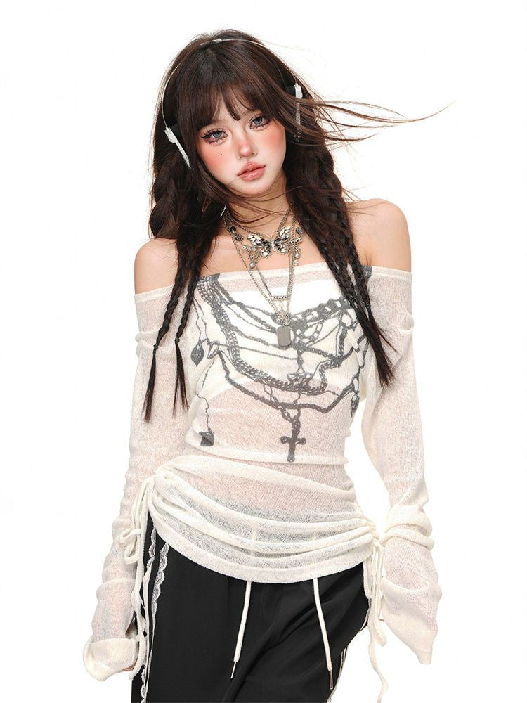 【2color】Off-Shoulder Chain Print Knit Top mry001732