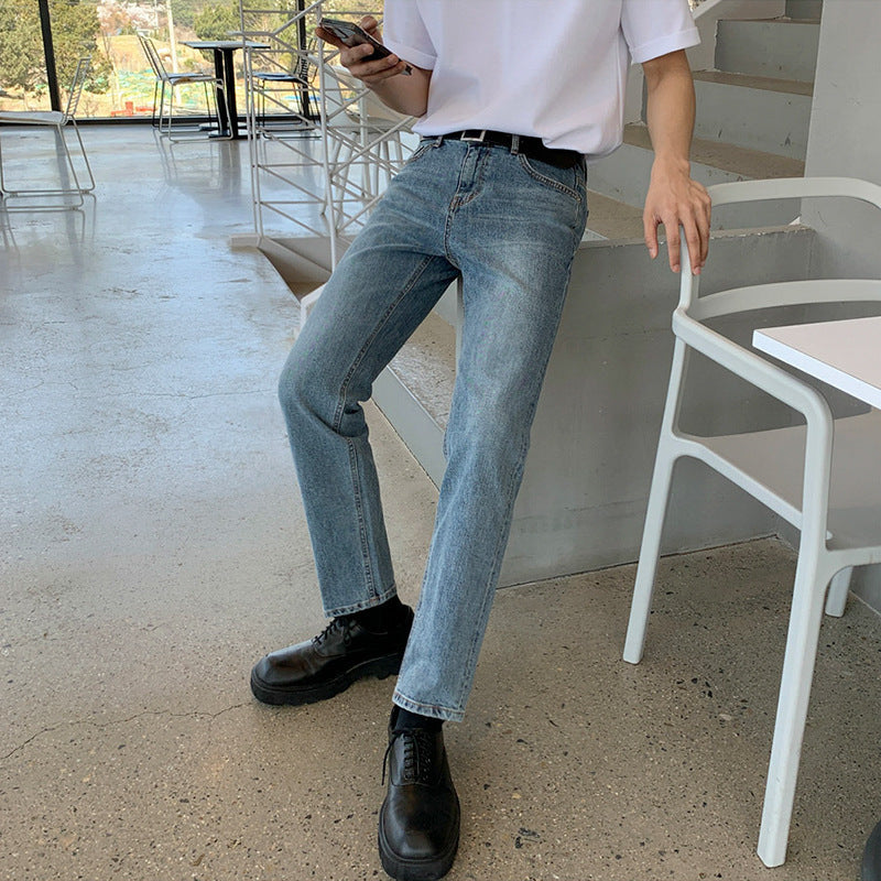 【送料無料】2023SS メンズ ストレート タイト ウォッシュド デニム パンツ 韓国カジュアル mry000890