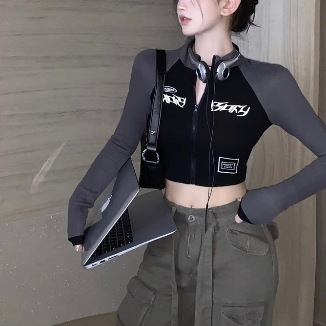 韓国ストリート 韓国デザイン 韓国カジュアル ショート丈 モノトーン ジップアップトップス mry001195