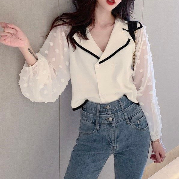 AW ポロ襟 パフスリーブ シフォンステッチシャツ mry000056