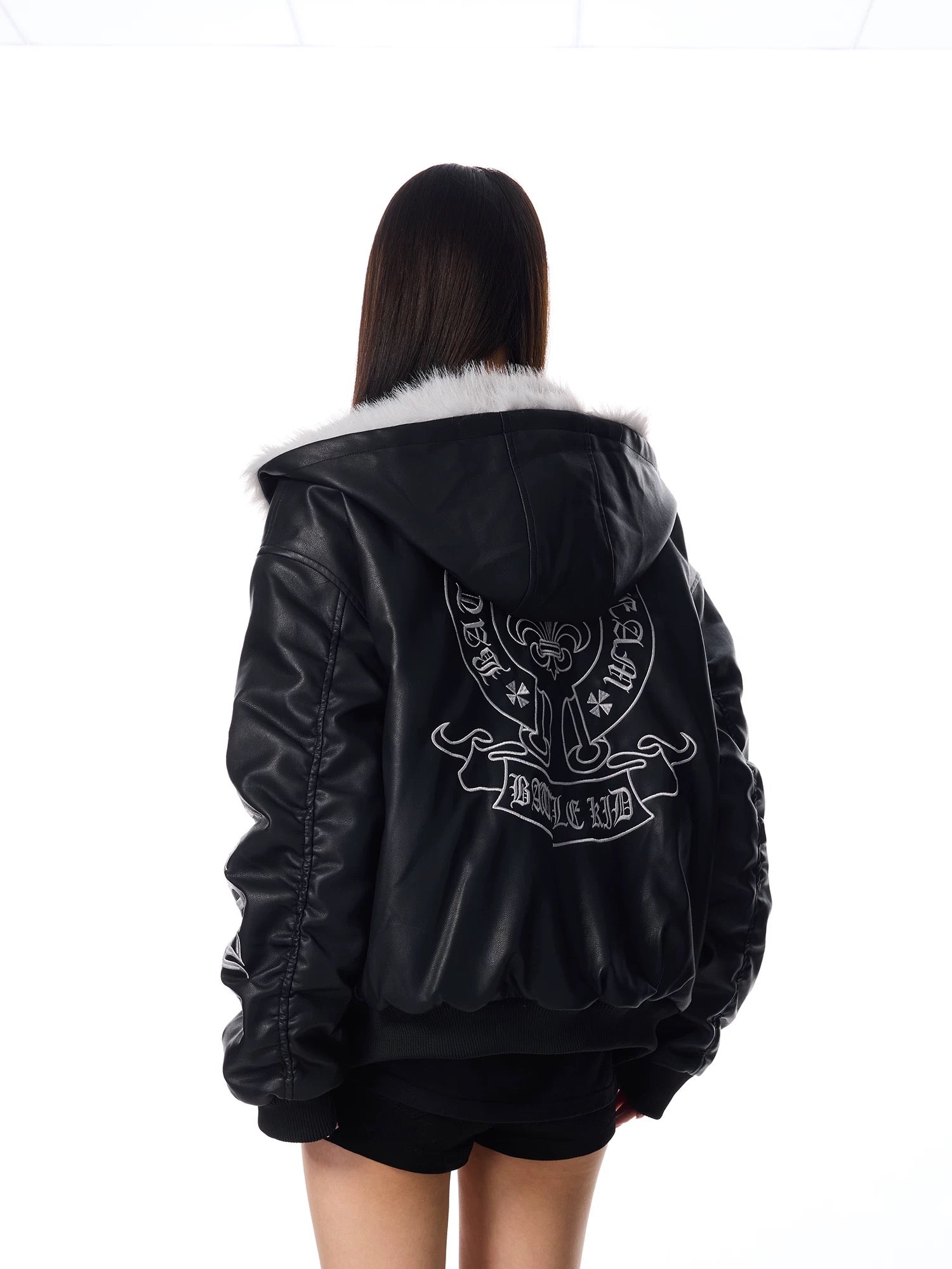 Fur Hood Graphic Leather Jacket mry001992