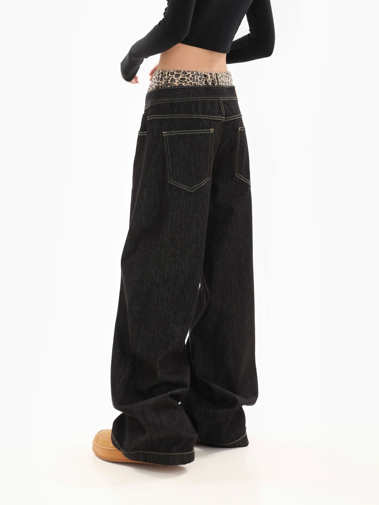 Leopard Waistband Wide-Leg Jeans mry001853