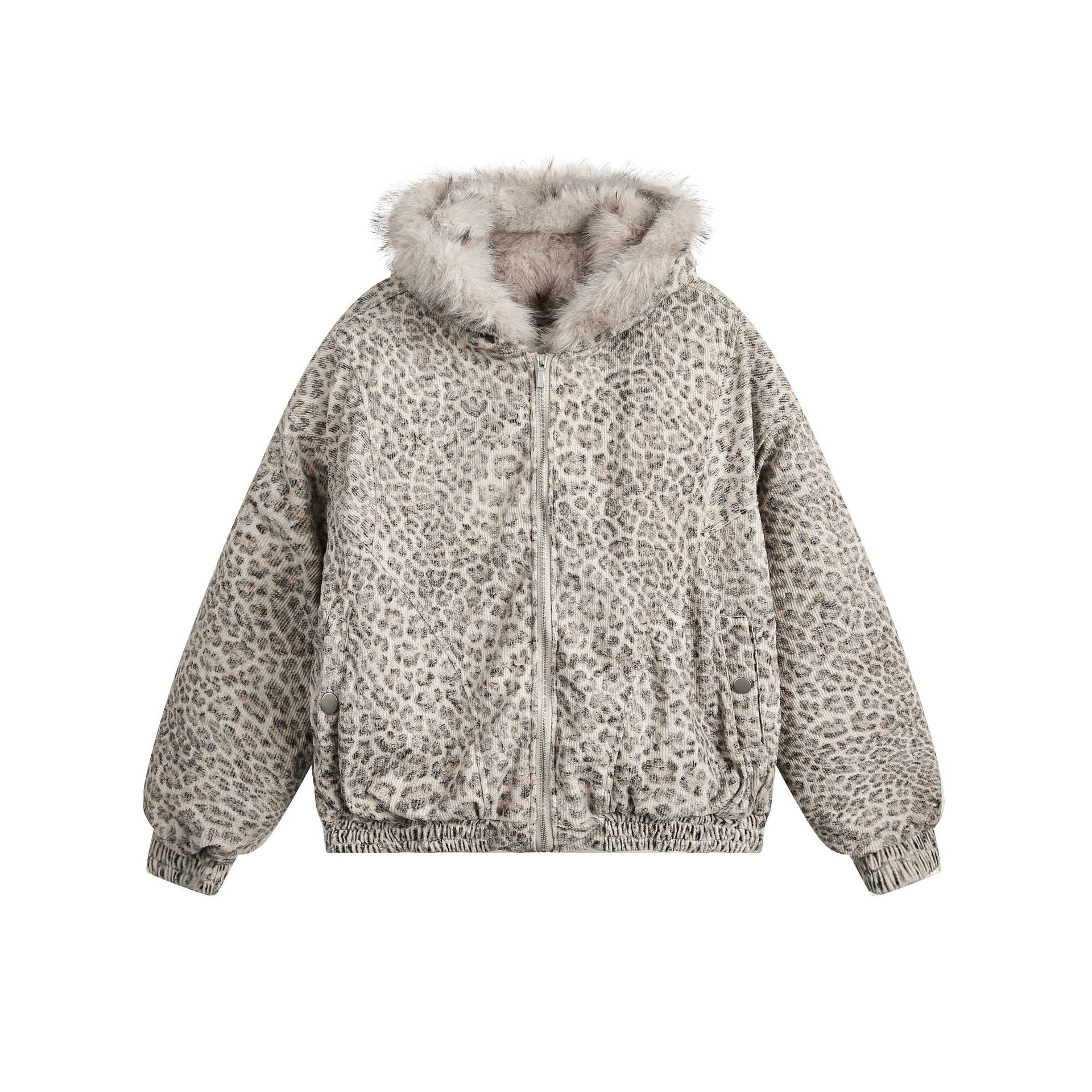 Leopard Faux Fur Hooded Jacket mry002065